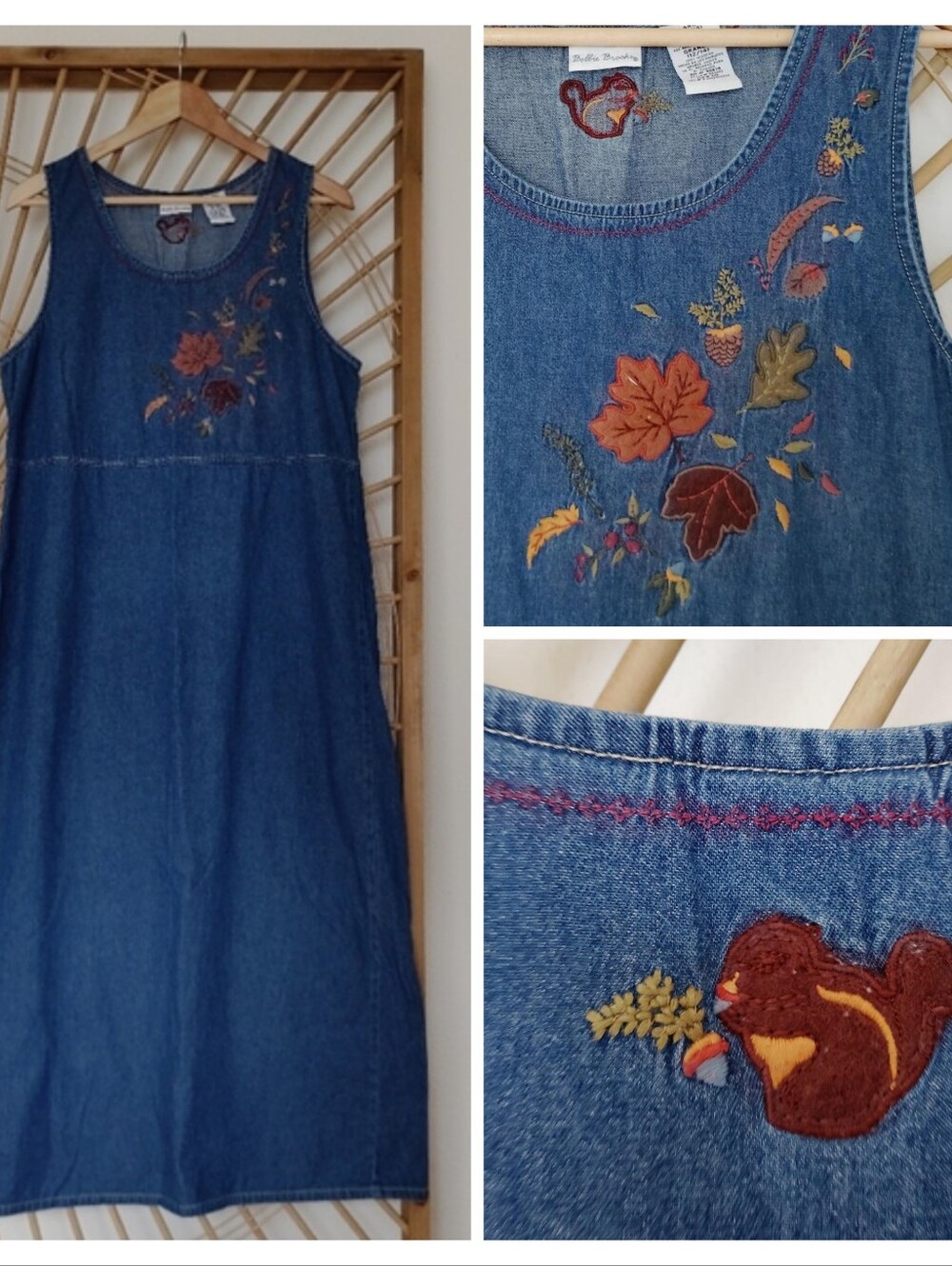 Vintage Denim Cotton Sleeveless Embroidered Maxi Dress / Size Large
